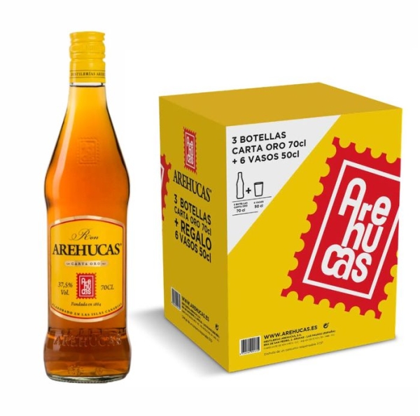 RON AREHUCAS ORO CAJA 3 BOT.+6 VASOS